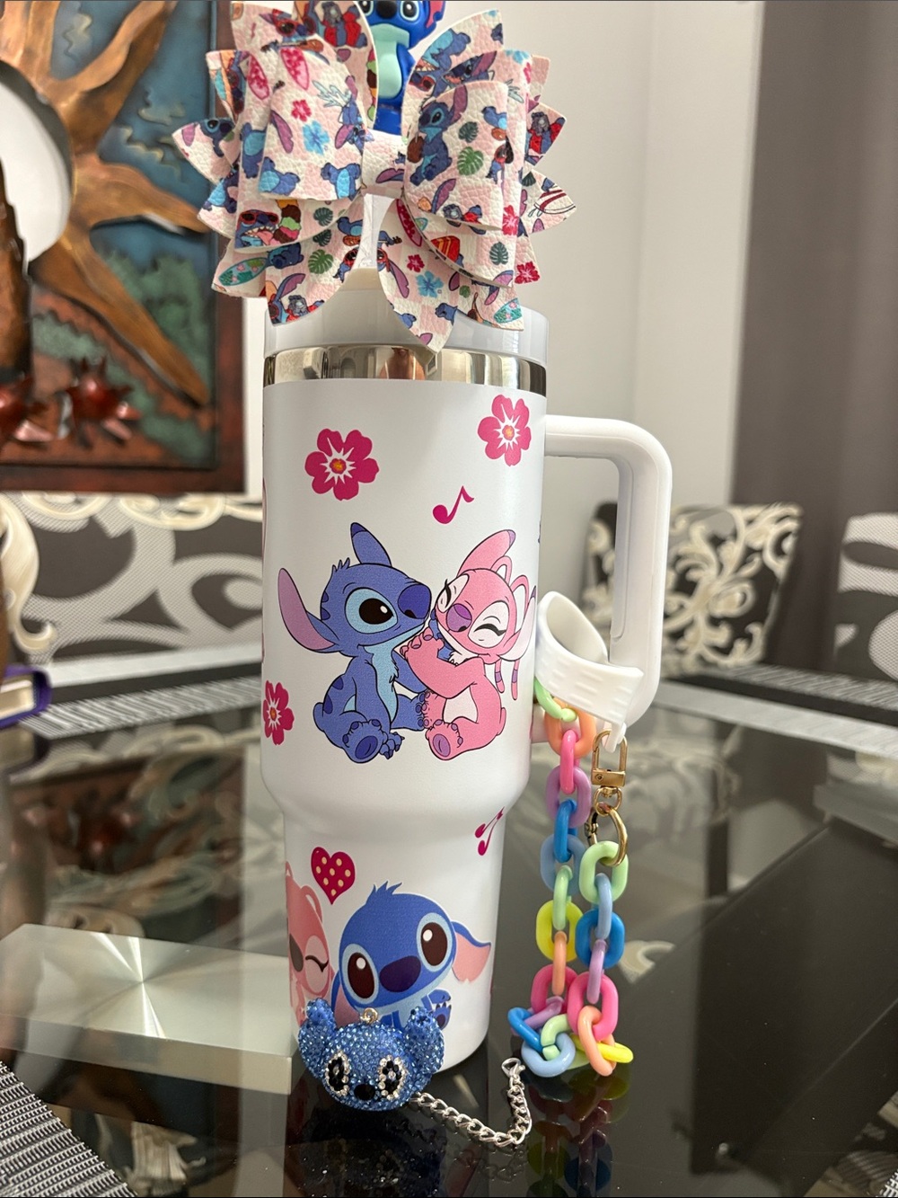 Disney Stitch White Floral 40oz Tumbler w/accessories - Picture 3 of 4